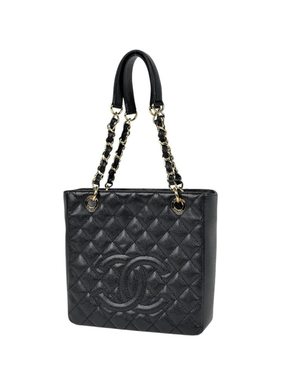 Chanel Tote Bag CC Logo Quilted Petite Shopping PST Caviar Leather Black